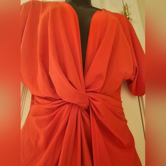Red Plunging V-Neck Twisted Mini Party Dress with High Slit - Medium - Picture 2 of 7